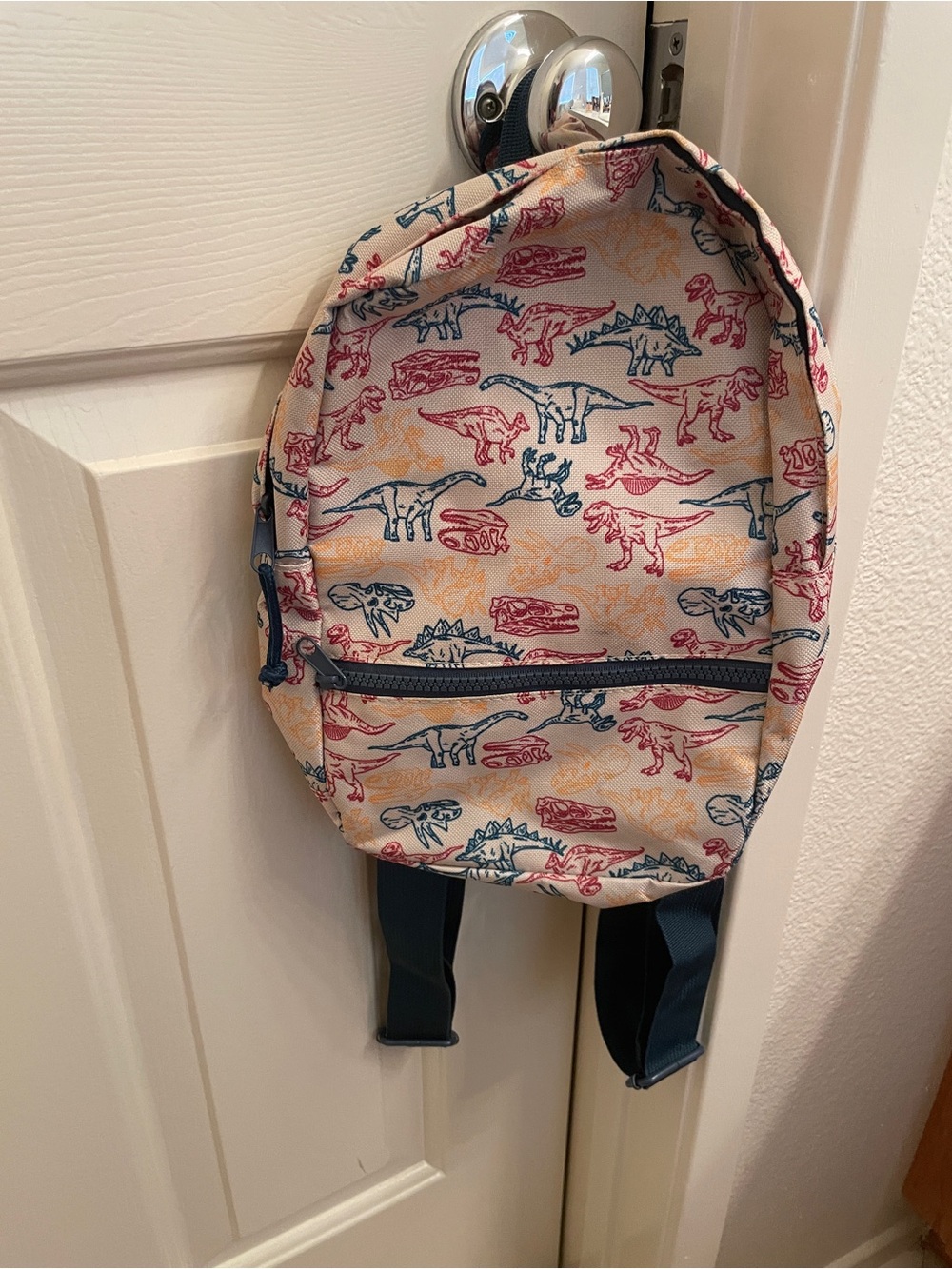 Kids Dinosaur Print Backpack in Cream with Navy Accents